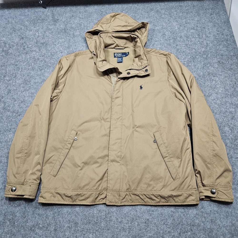 Polo Ralph Lauren Jacket Collared Khaki Tan L  Zip-Up Coat Vtg Golf Lined Bomber